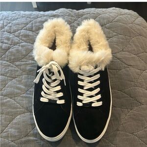 J Slides Black Sneakers with Cream Fur Trim